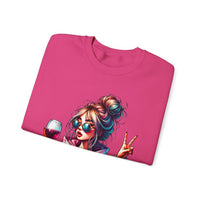 Dramatic Girl With Wine Messy Bun Peace Sign – Gildan Heavy Blend | Trendy Women’s Soft Sweatshirt. Direct to Garment. Printed & Shipped in the USA. Unisex Sizes.