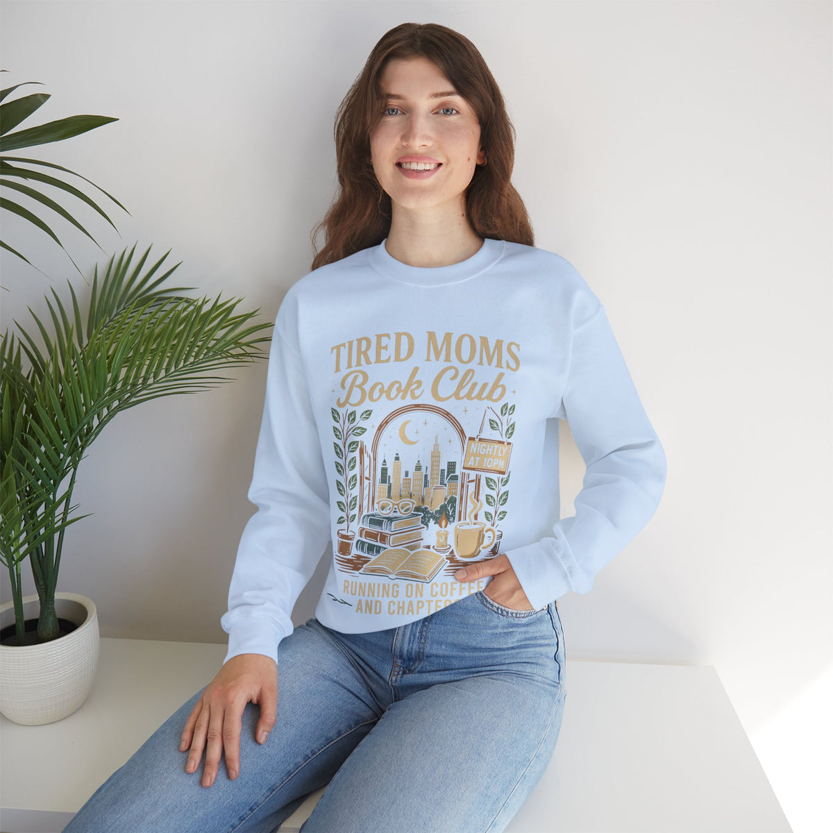 Tired Moms Book Club Running on Coffee and Chapters – Gildan Heavy Blend | Trendy Women’s Soft Sweatshirt. Direct to Garment. Printed & Shipped in the USA. Unisex Sizes.