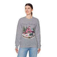 Merry Christmas Pink Barn Farm Animals – Gildan Heavy Blend | Trendy Women’s Soft Sweatshirt. Direct to Garment. Printed & Shipped in the USA. Unisex Sizes.