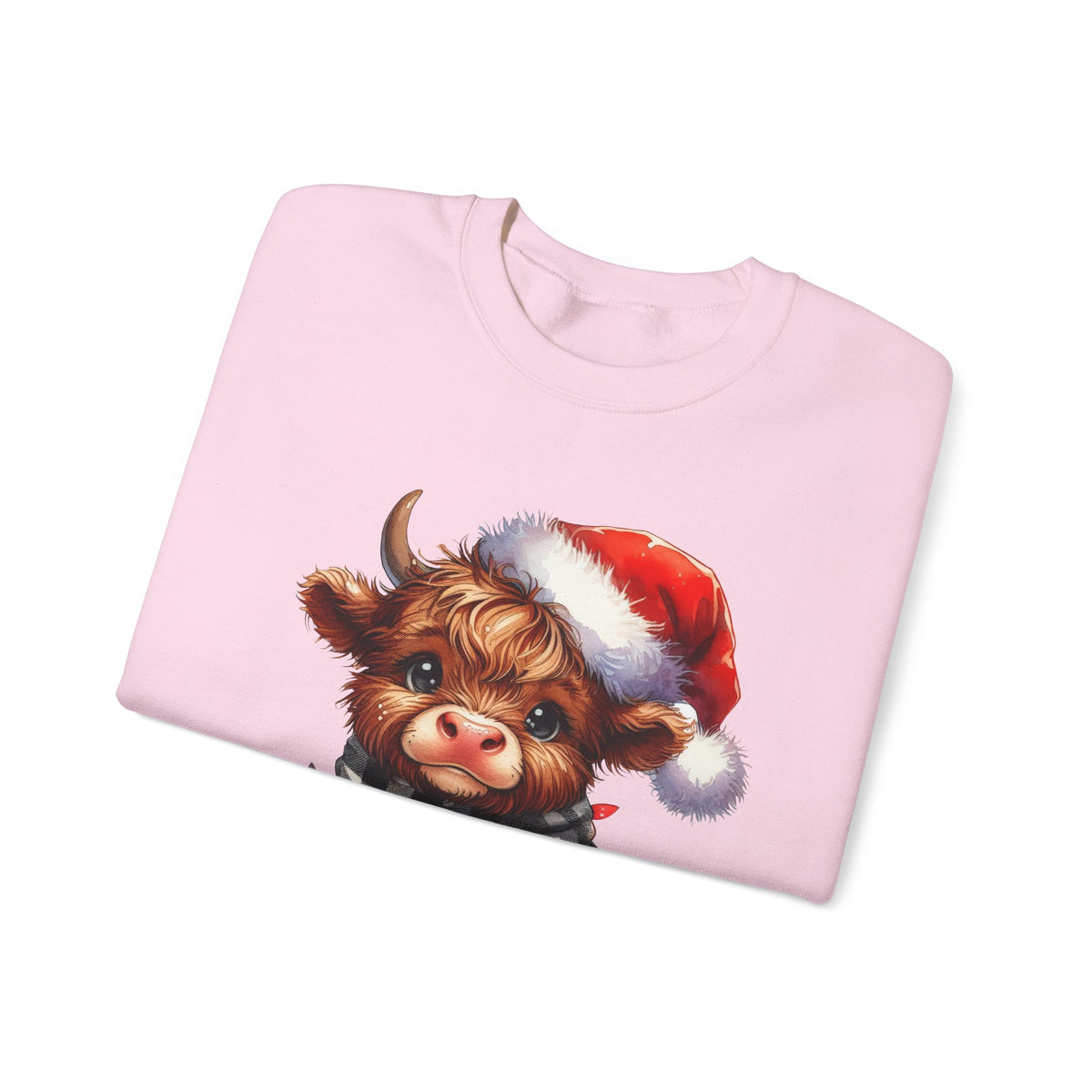 Cute Highland Cow Santa Hat Scarf Christmas Lights – Gildan Heavy Blend | Trendy Women’s Soft Sweatshirt. Direct to Garment. Printed & Shipped in the USA. Unisex Sizes.