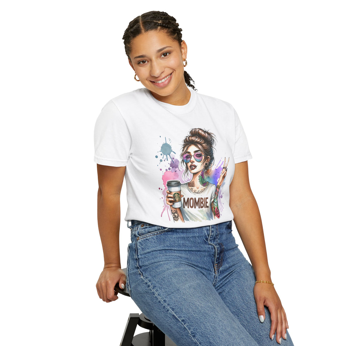 Cool Mombie with Coffee Peace Tattoo - Comfort Colors | Trendy Women's T-Shirt. Direct to Garment. Printed & Shipped in the USA. Unisex Sizes.