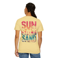 Sun Salt Sand, Beach Sunset - Front & Back Print - Comfort Colors | Trendy Women's and Men's T-Shirt. Direct to Garment. Printed & Shipped in the USA. Unisex Sizes.