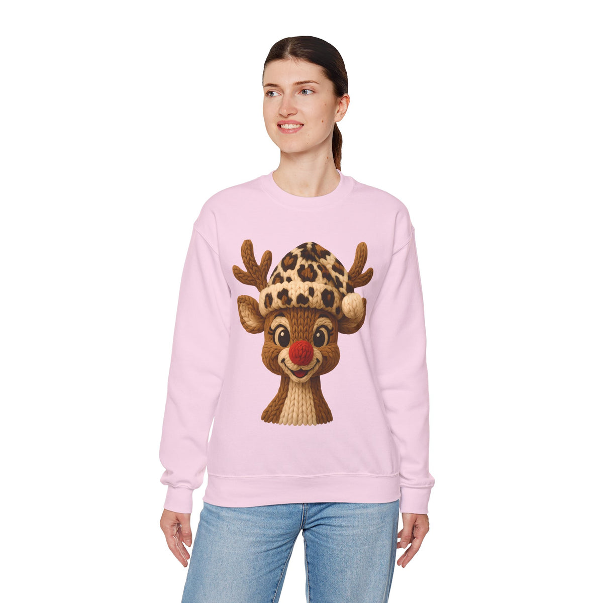 Rudolph Reindeer Leopard Santa Hat Christmas – Gildan Heavy Blend | Trendy Women’s Soft Sweatshirt. Direct to Garment. Printed & Shipped in the USA. Unisex Sizes.