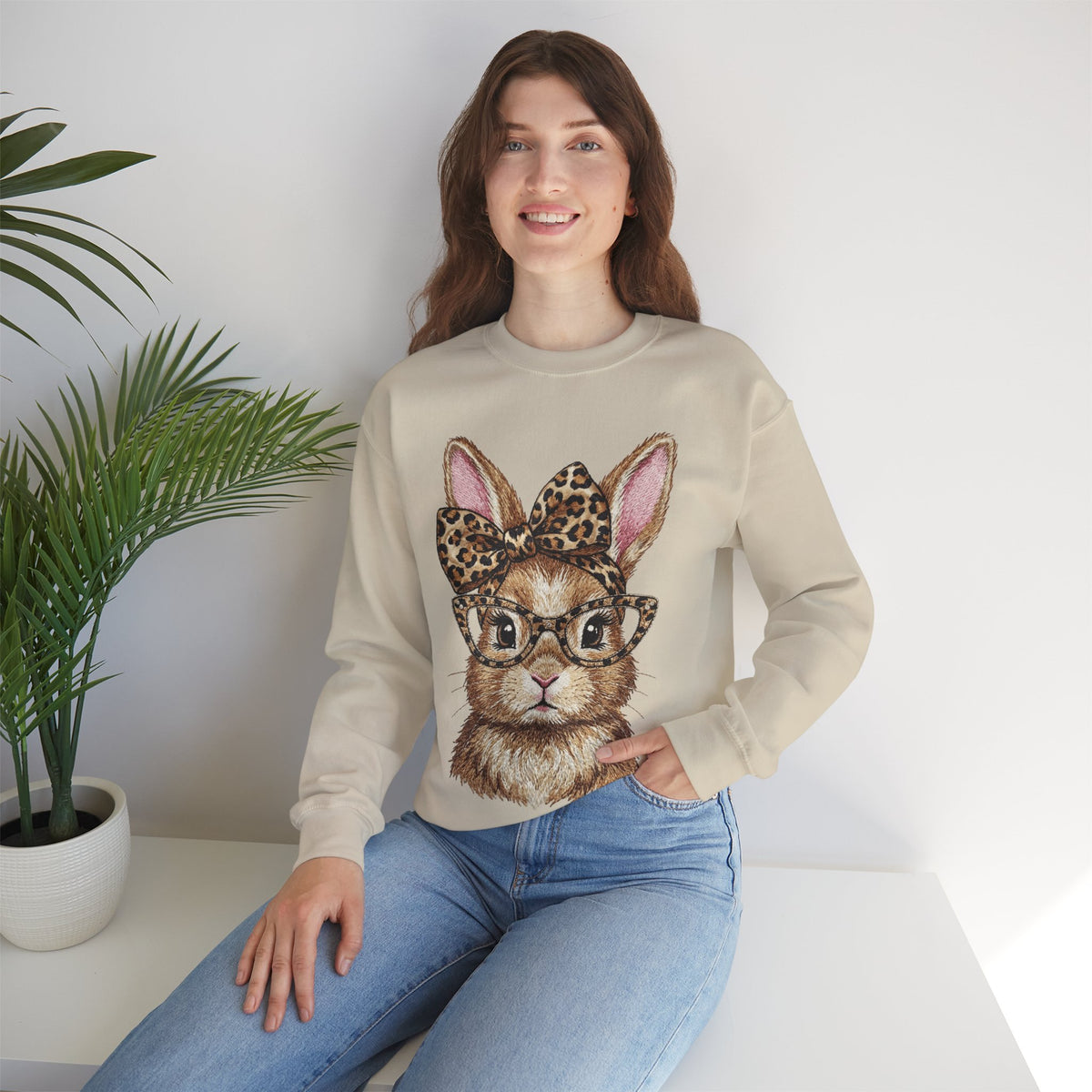 Bunny with Leopard Glasses and Bow – Gildan Heavy Blend | Trendy Women’s Soft Sweatshirt. Direct to Garment. Printed & Shipped in the USA. Unisex Sizes.