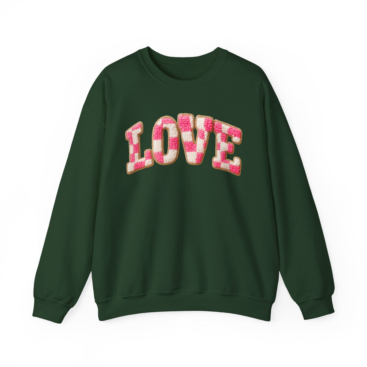Faux Crochet Checkered LOVE – Gildan Heavy Blend | Trendy Women’s Soft Sweatshirt. Direct to Garment. Printed & Shipped in the USA. Unisex Sizes.