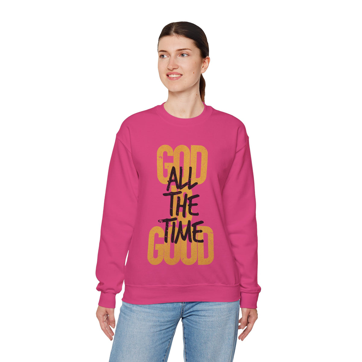 God is Good All The Time – Gildan Heavy Blend | Trendy Women’s and Women's Soft Sweatshirt. Direct to Garment. Printed & Shipped in the USA. Unisex Sizes.