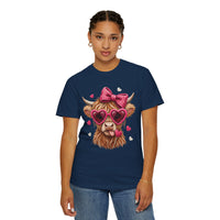 Highland Cow - Pink Heart Shaped Glasses - Comfort Colors | Trendy Women's T-Shirt. Direct to Garment. Printed & Shipped in the USA. Unisex Sizes.