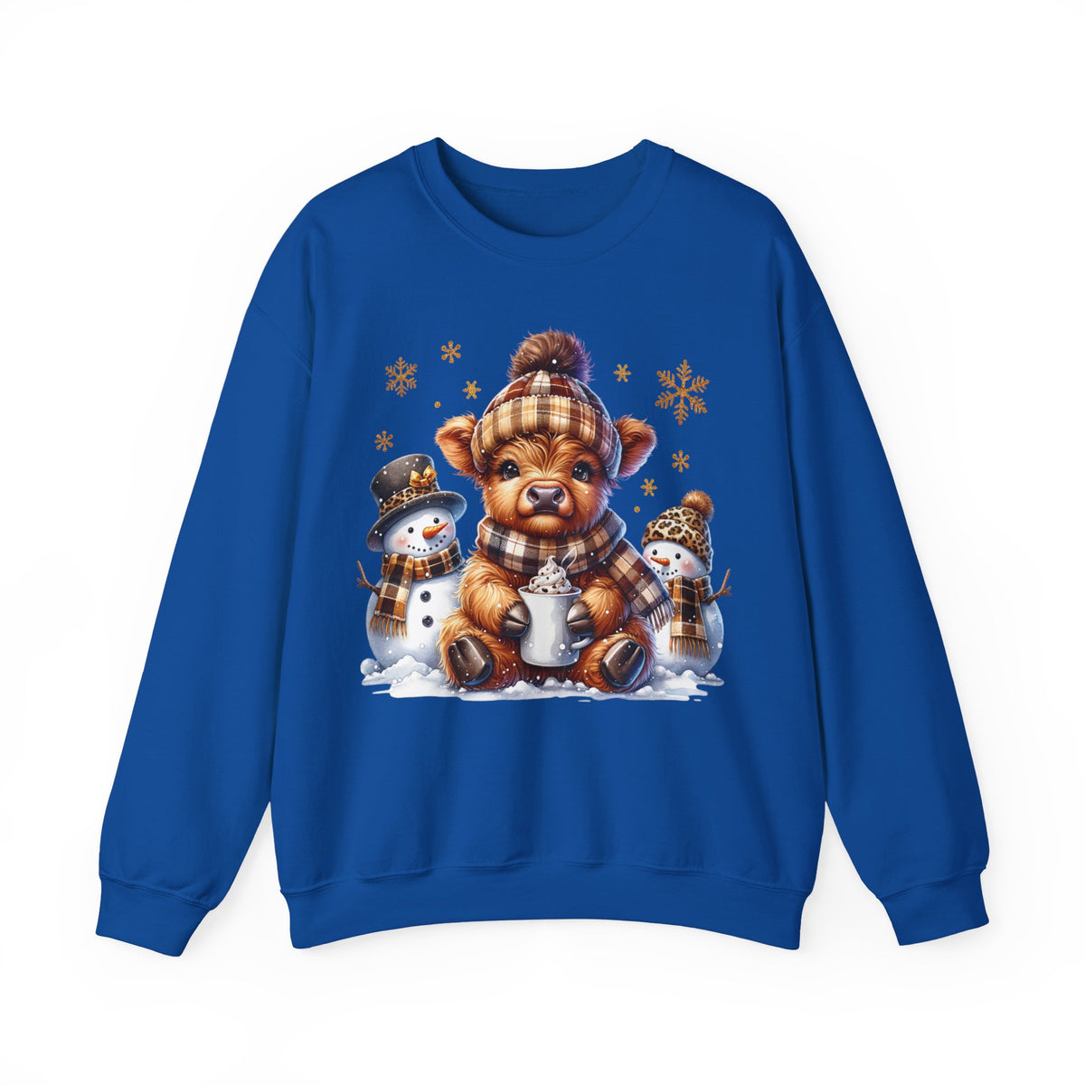 Cute Highland Cow with Snowmen, Winter – Gildan Heavy Blend | Trendy Women’s Soft Sweatshirt. Direct to Garment. Printed & Shipped in the USA. Unisex Sizes.