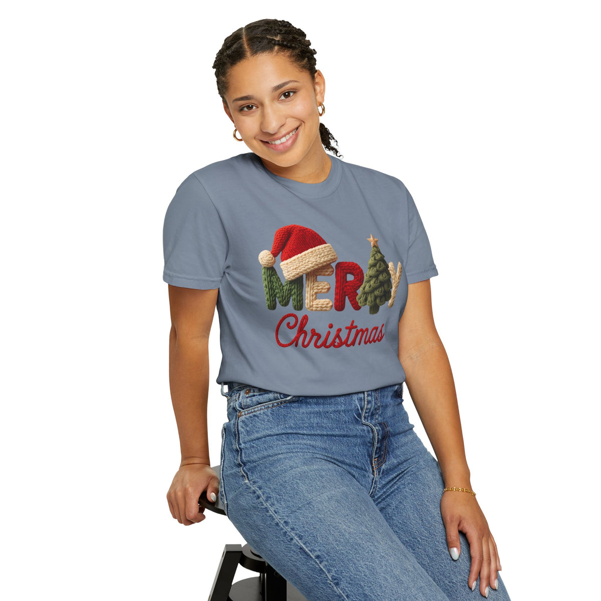 Merry Christmas Faux Yarn w/Santa Hat & Tree - Comfort Colors | Trendy Women's T-Shirt. Direct to Garment. Printed & Shipped in the USA. Unisex Sizes.