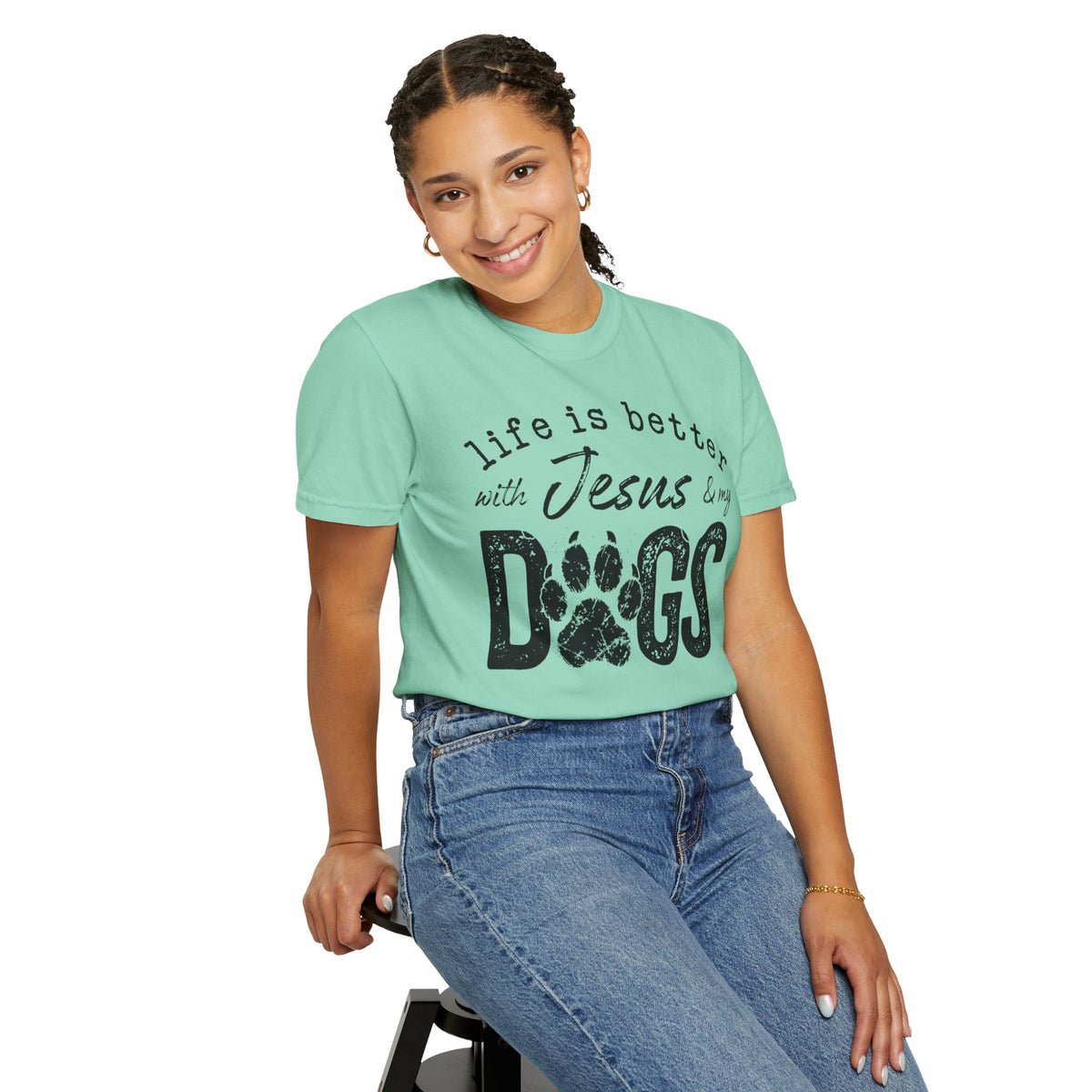 Life is Better With Jesus and My Dogs - Comfort Colors | Trendy Women's and Men's T-Shirt. Direct to Garment. Printed & Shipped in the USA. Unisex Sizes.