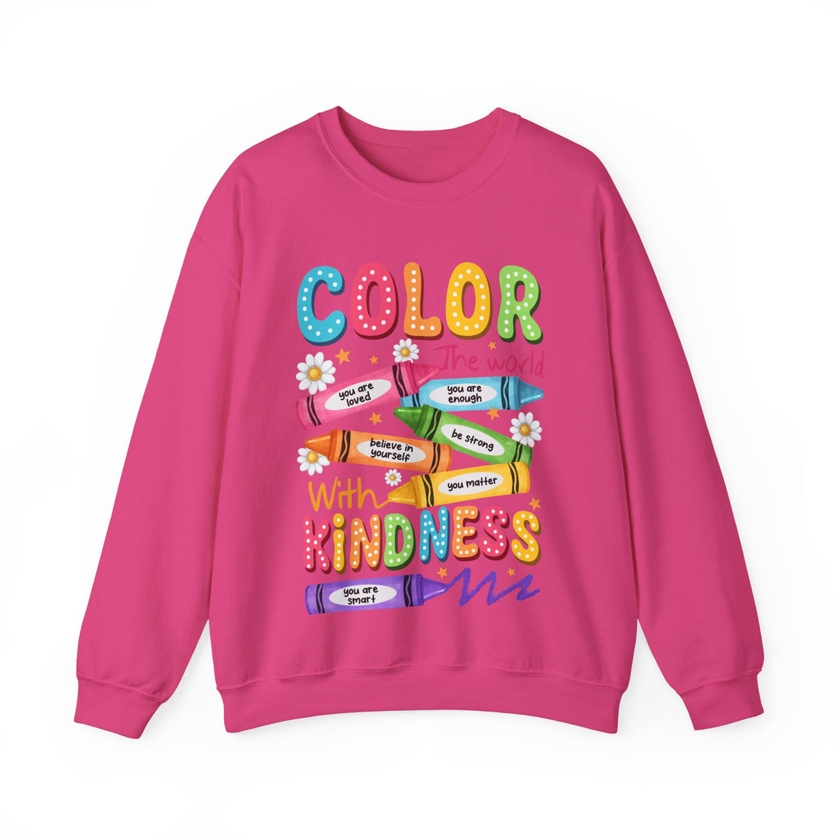 Color the World With Kindness Crayons, Great Teacher Gift – Gildan Heavy Blend | Trendy Women’s and Men's Soft Sweatshirt. Direct to Garment. Printed & Shipped in the USA. Unisex Sizes.