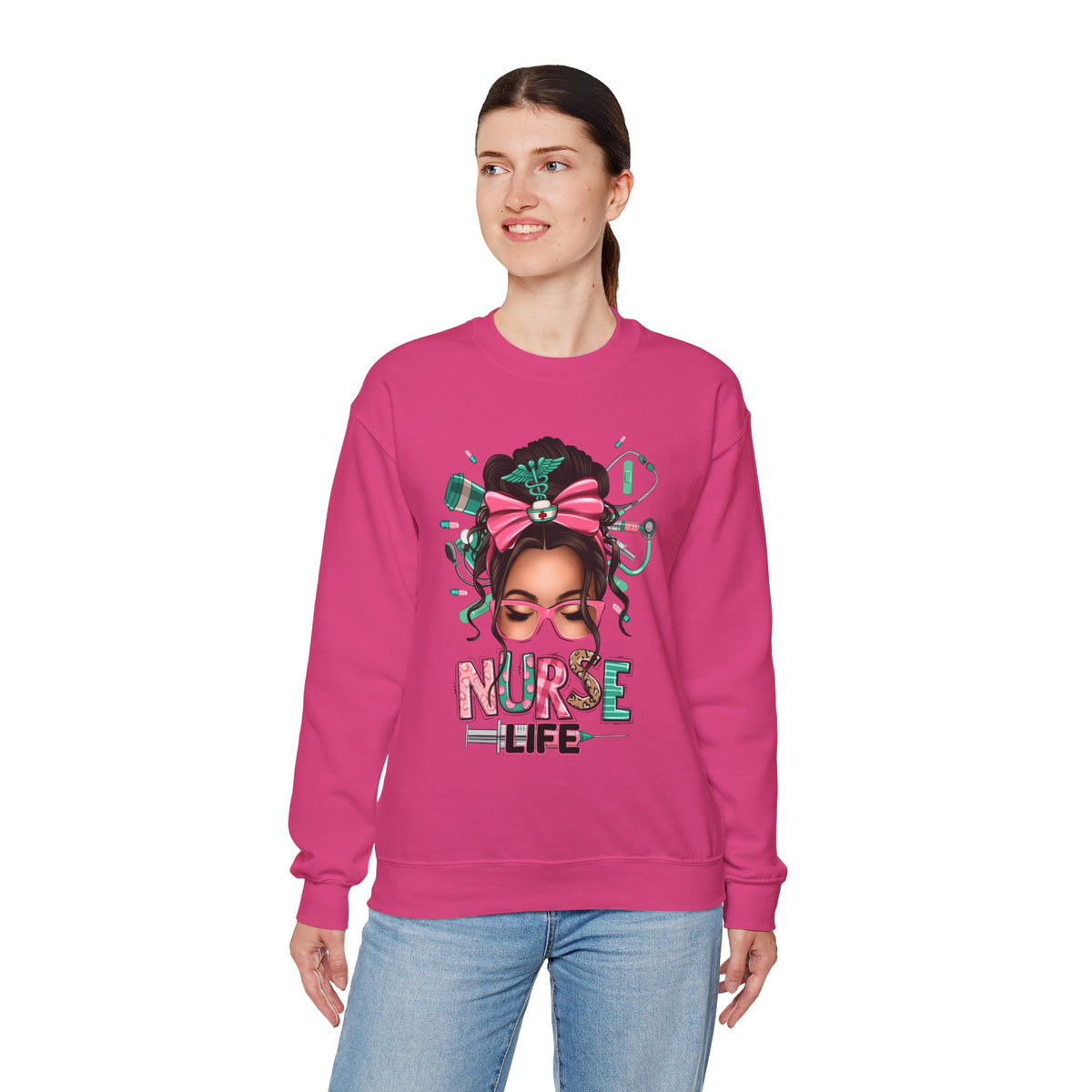 Nurse Life Messy Bun, Cute Stethescope & Syringe – Gildan Heavy Blend | Trendy Women’s Soft Sweatshirt. Direct to Garment. Printed & Shipped in the USA. Unisex Sizes.
