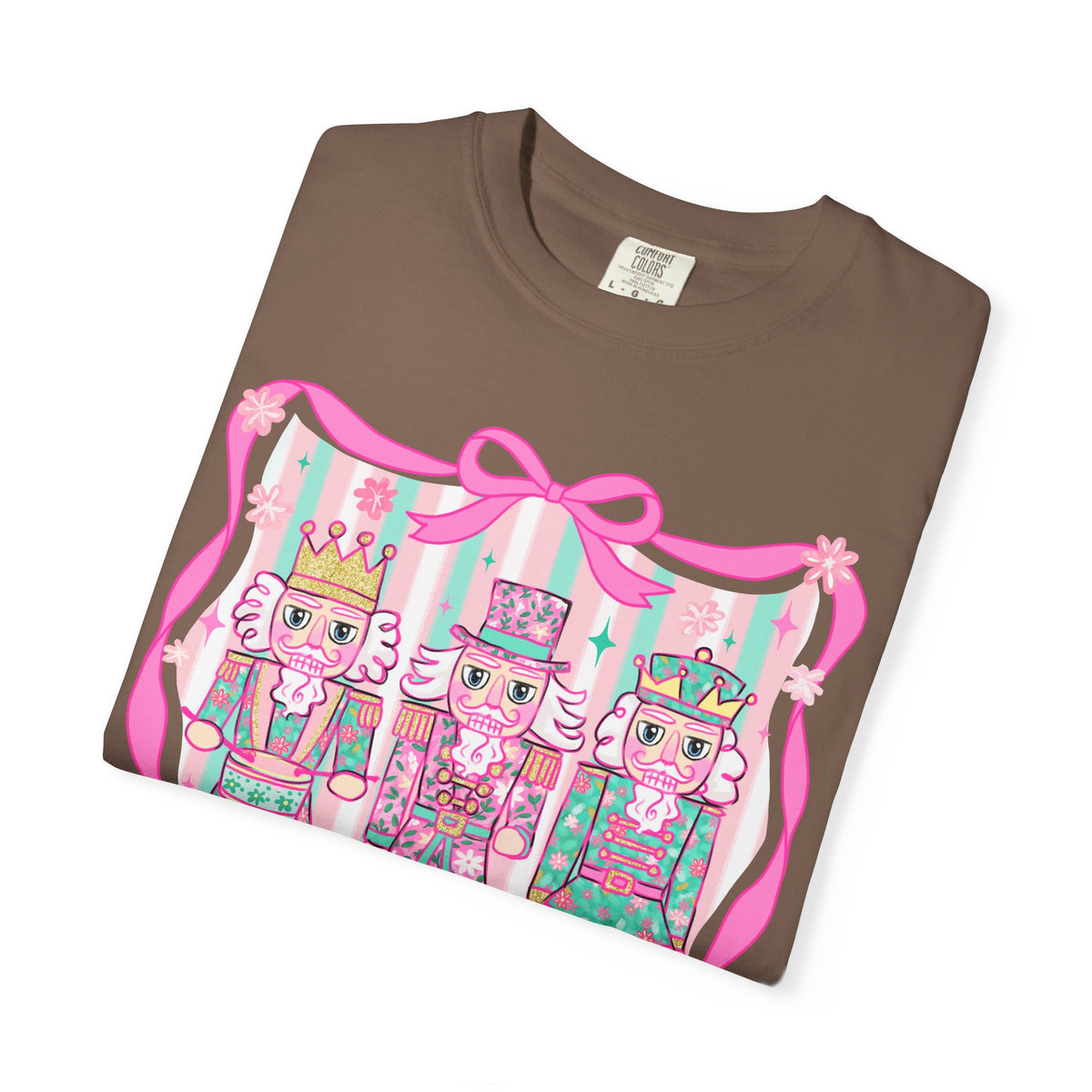 Coquette Pastel Christmas Nutcracker Trio Pink and Green - Comfort Colors | Trendy Women's T-Shirt. Direct to Garment. Printed & Shipped in the USA. Unisex Sizes.