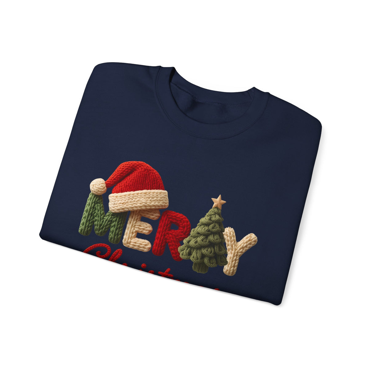 Merry Christmas Faux Yarn w/Santa Hat & Tree – Gildan Heavy Blend | Trendy Women’s Soft Sweatshirt. Direct to Garment. Printed & Shipped in the USA. Unisex Sizes.