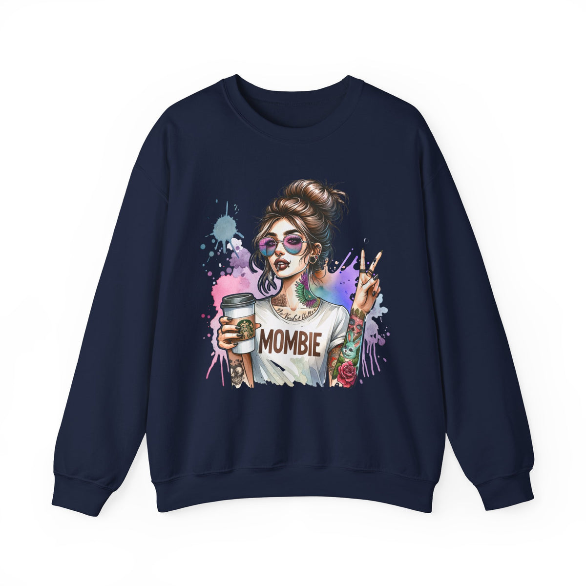 Cool Mombie with Coffee Peace Tattoo - Tired Mom – Gildan Heavy Blend | Trendy Women’s Soft Sweatshirt. Direct to Garment. Printed & Shipped in the USA. Unisex Sizes.