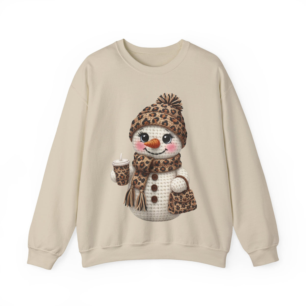 Leopard Snowman - Leopard Purse, Drink, Hat & Scarf – Gildan Heavy Blend | Trendy Women’s Soft Sweatshirt. Direct to Garment. Printed & Shipped in the USA. Unisex Sizes.