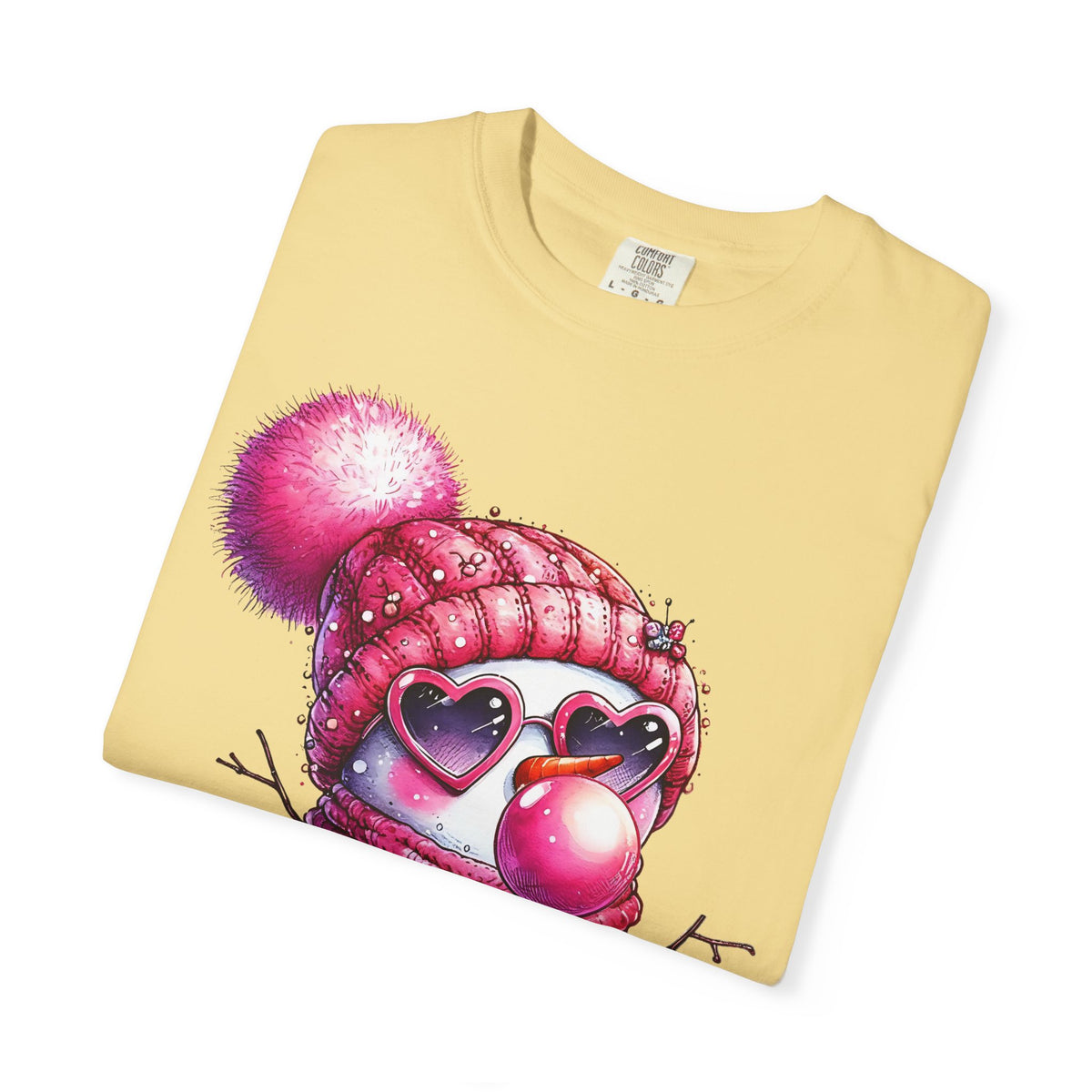 Pink Girly Snowman with Heart Sunglasses and Bubblegum Winter - Comfort Colors | Trendy Women's T-Shirt. Direct to Garment. Printed & Shipped in the USA. Unisex Sizes.