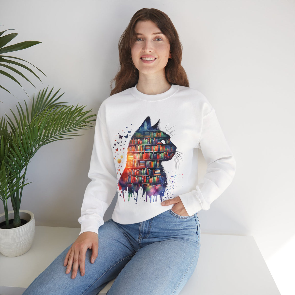 Cat Silhouette for Book Lovers – Gildan Heavy Blend | Trendy Women’s Soft Sweatshirt. Direct to Garment. Printed & Shipped in the USA. Unisex Sizes.