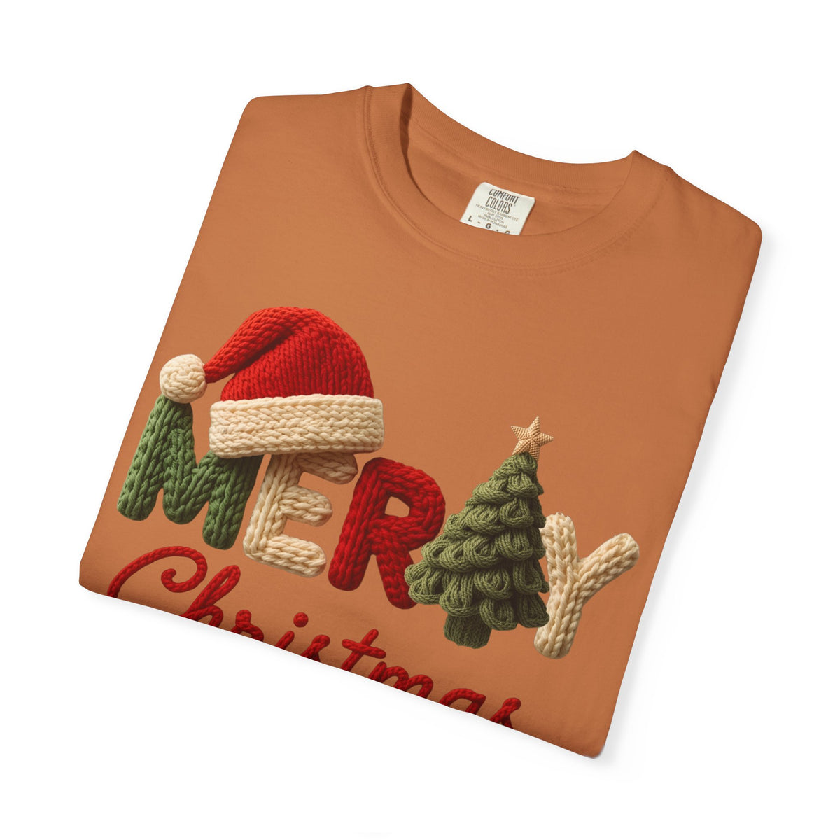 Merry Christmas Faux Yarn w/Santa Hat & Tree - Comfort Colors | Trendy Women's T-Shirt. Direct to Garment. Printed & Shipped in the USA. Unisex Sizes.