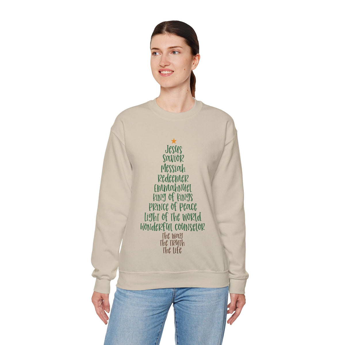 Jesus Names Christmas Tree – Gildan Heavy Blend | Trendy Women’s Soft Sweatshirt. Direct to Garment. Printed & Shipped in the USA. Unisex Sizes.