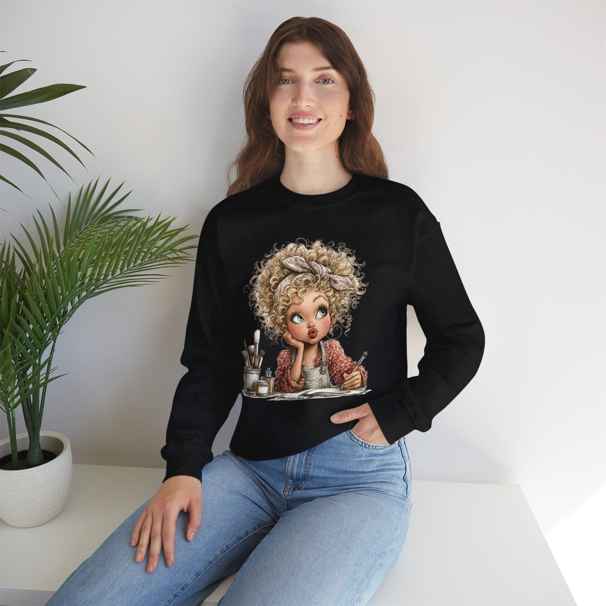 Cute Artist Curly Girl – Gildan Heavy Blend | Trendy Women’s Soft Sweatshirt. Direct to Garment. Printed & Shipped in the USA. Unisex Sizes.