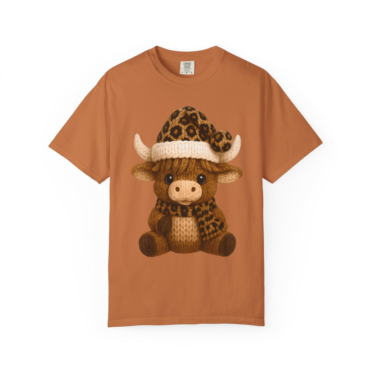Cute Highland Cow with Leopard Santa Hat Christmas - Comfort Colors | Trendy Women's T-Shirt. Direct to Garment. Printed & Shipped in the USA. Unisex Sizes.