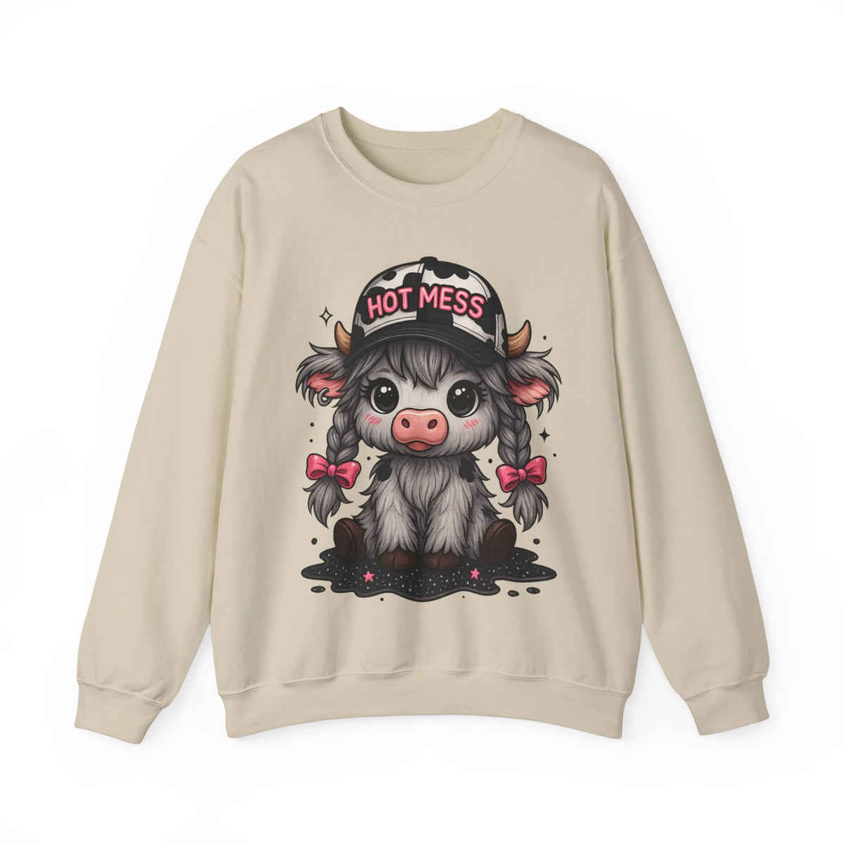 Cute Highland Cow 'Hot Mess' In Braids – Gildan Heavy Blend | Trendy Women’s Soft Sweatshirt. Direct to Garment. Printed & Shipped in the USA. Unisex Sizes.