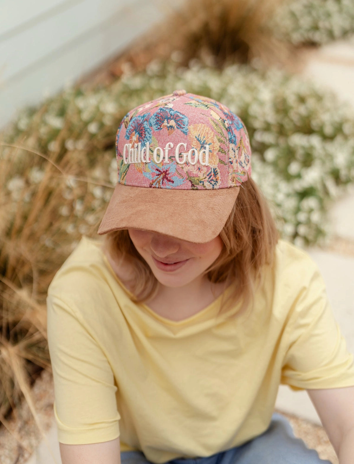 Embroidered (Pink Floral) Child of God Ribbed Snapback Hat