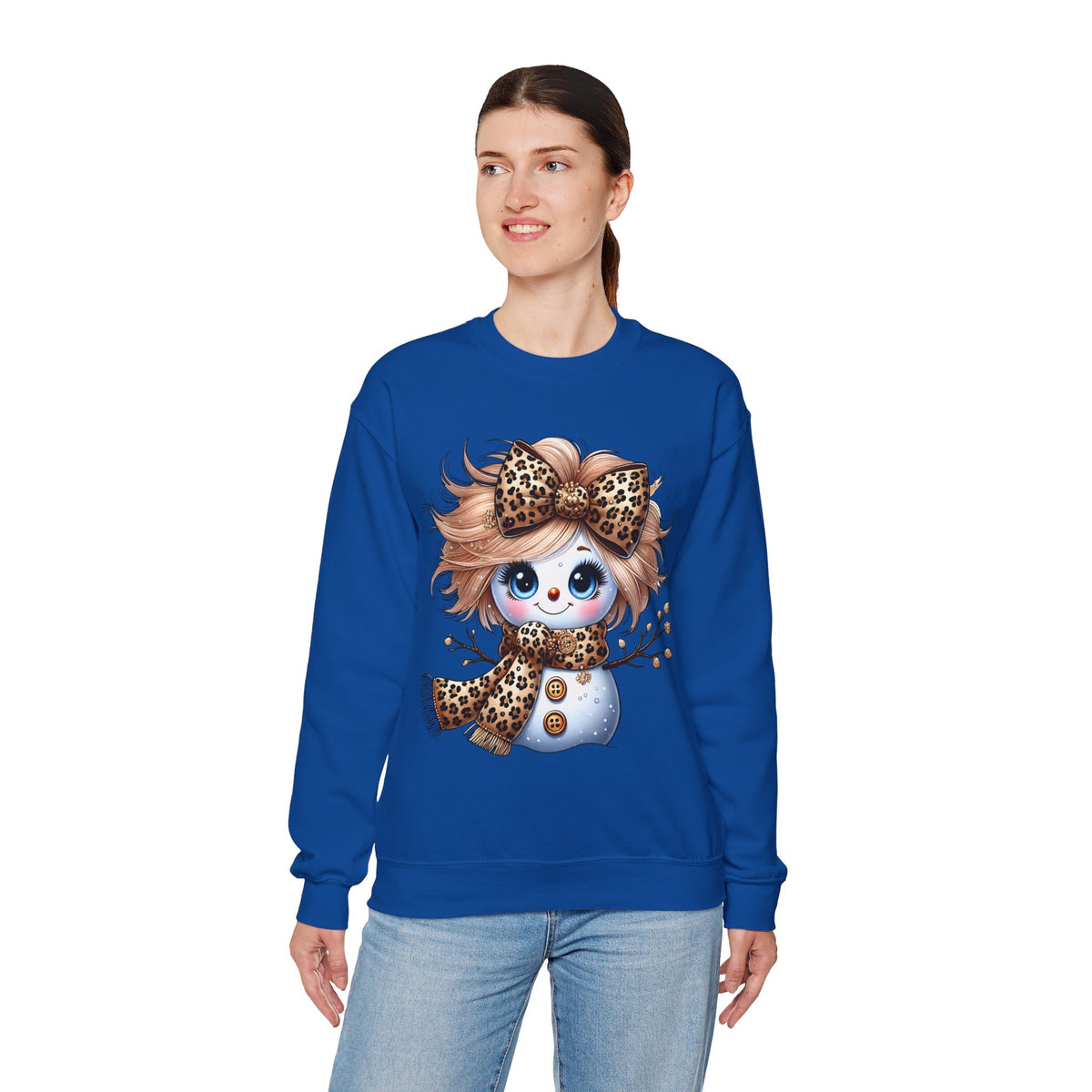 Snowgirl Cute Leopard Bow Snowman, Winter Cozy – Gildan Heavy Blend | Trendy Women’s Soft Sweatshirt. Direct to Garment. Printed & Shipped in the USA. Unisex Sizes.