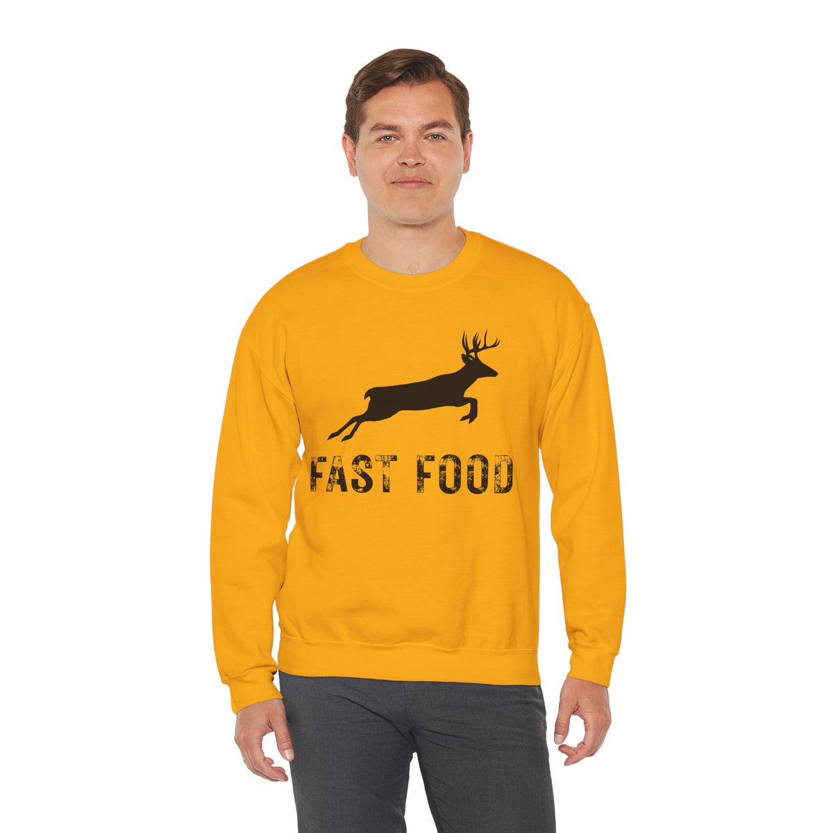 Fast Food Deer Hunting Humor Distressed – Gildan Heavy Blend | Trendy Men's and Women’s Soft Sweatshirt. Direct to Garment. Printed & Shipped in the USA. Unisex Sizes.