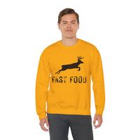 Fast Food Deer Hunting Humor Distressed – Gildan Heavy Blend | Trendy Men's and Women’s Soft Sweatshirt. Direct to Garment. Printed & Shipped in the USA. Unisex Sizes.
