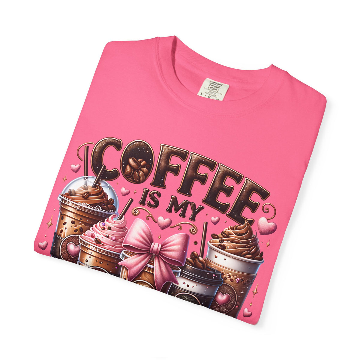 Coffee Is My Soul Food, Iced Coffee, Pink Bow - Comfort Colors | Trendy Women's T-Shirt. Direct to Garment. Printed & Shipped in the USA. Unisex Sizes.