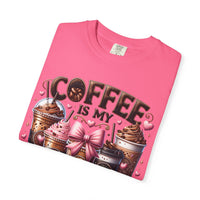 Coffee Is My Soul Food, Iced Coffee, Pink Bow - Comfort Colors | Trendy Women's T-Shirt. Direct to Garment. Printed & Shipped in the USA. Unisex Sizes.