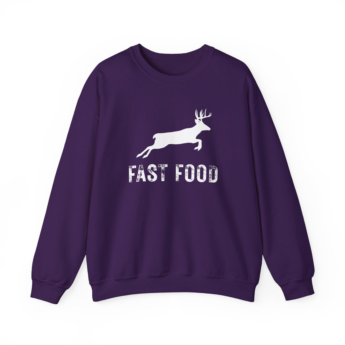 Fast Food Deer Hunting Humor Distressed – Gildan Heavy Blend | Trendy Men's and Women’s Soft Sweatshirt. Direct to Garment. Printed & Shipped in the USA. Unisex Sizes.