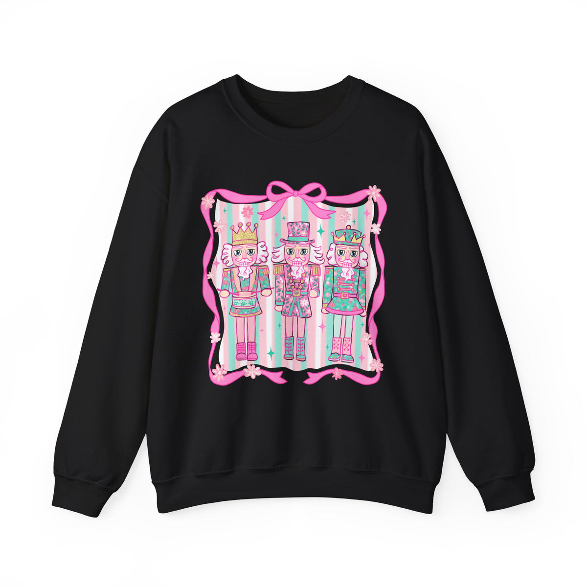 Coquette Pastel Christmas Nutcracker Trio Pink and Green – Gildan Heavy Blend | Trendy Women’s Soft Sweatshirt. Direct to Garment. Printed & Shipped in the USA. Unisex Sizes.