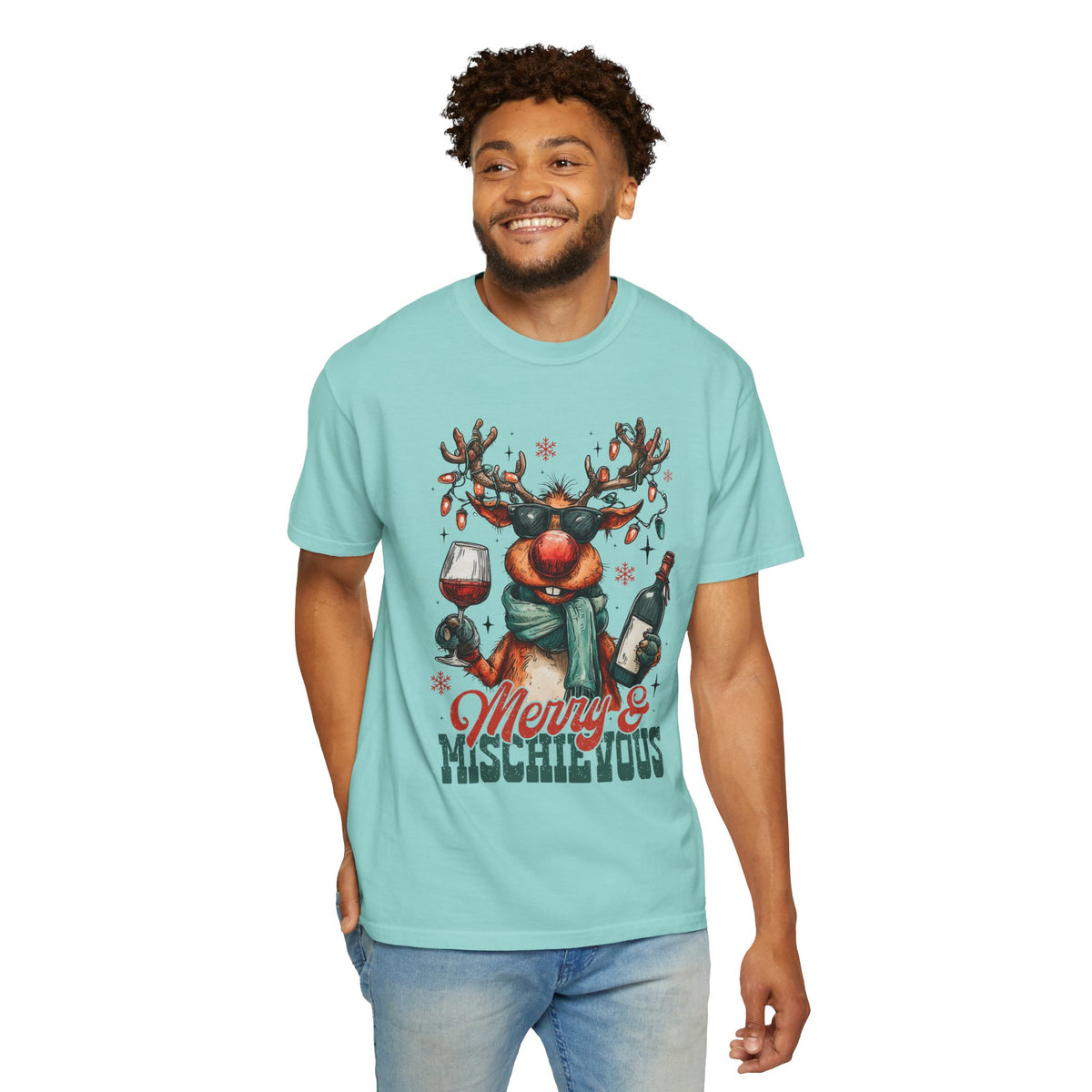 Merry & Mischievous Reindeer - Comfort Colors | Trendy Women's and Men's T-Shirt. Direct to Garment. Printed & Shipped in the USA. Unisex Sizes.