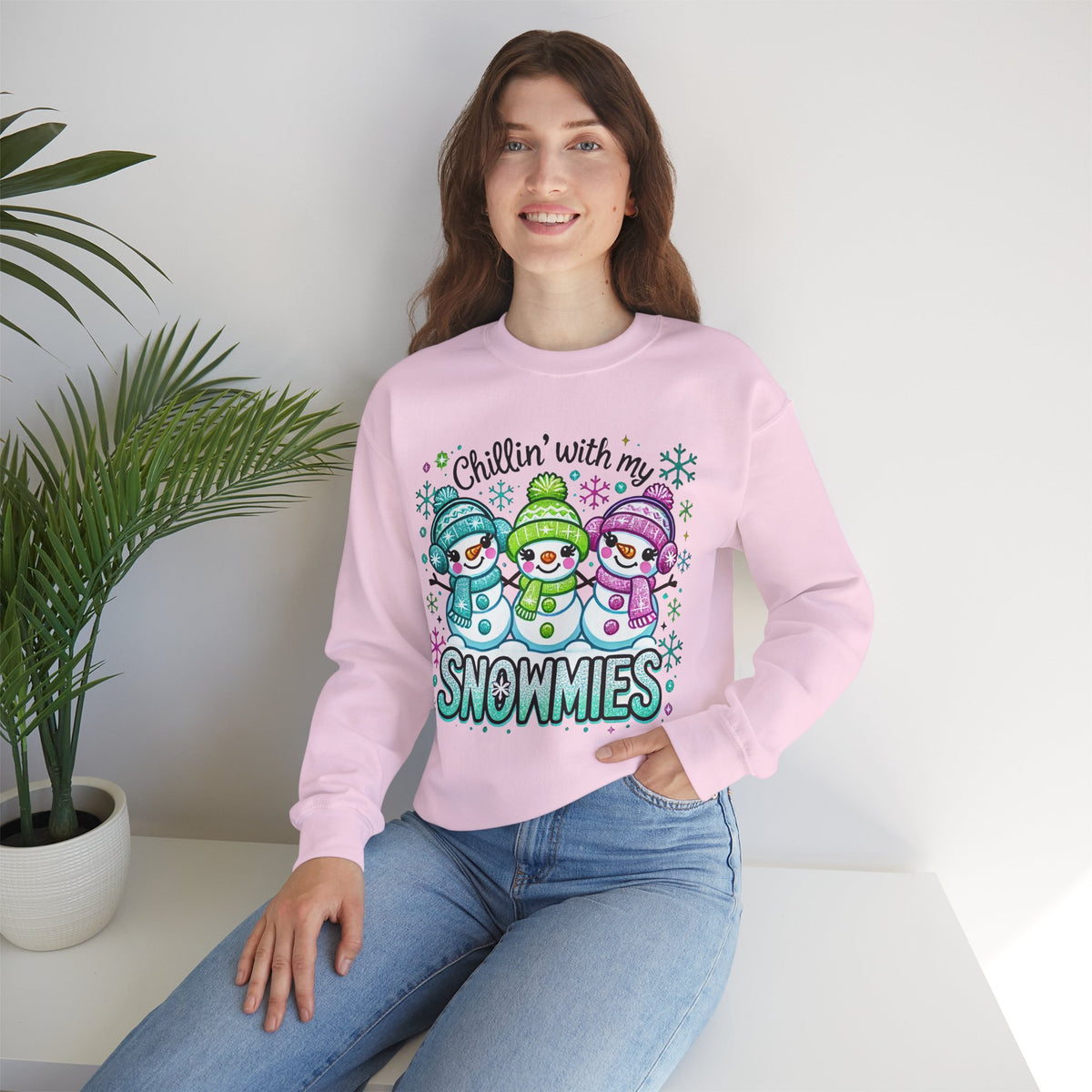 Chillin' With My Snowmies, Winter Snowman – Gildan Heavy Blend | Trendy Women’s Soft Sweatshirt. Direct to Garment. Printed & Shipped in the USA. Unisex Sizes.