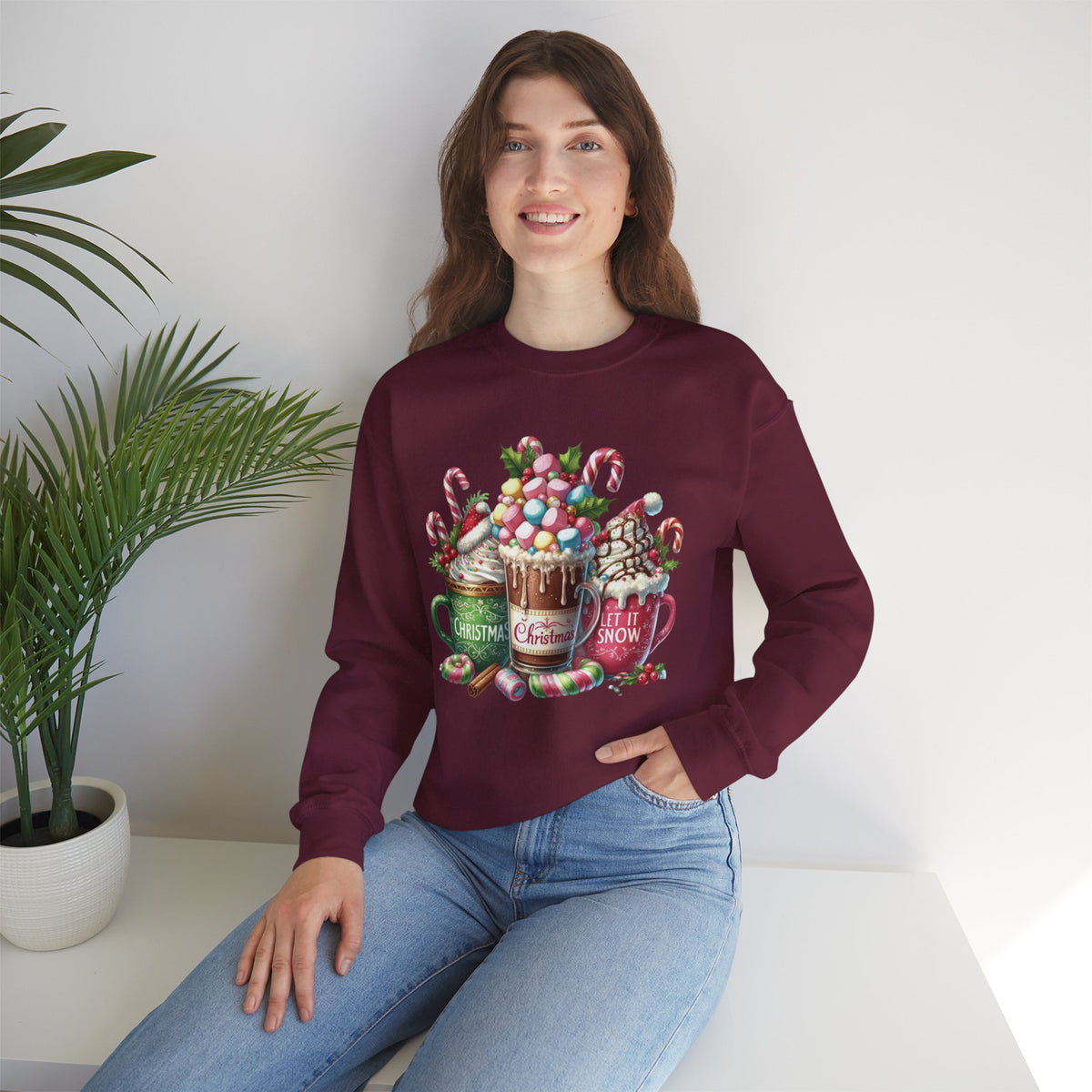 Hot Chocolate Mugs Christmas Hot Cocoa – Gildan Heavy Blend | Trendy Women’s Soft Sweatshirt. Direct to Garment. Printed & Shipped in the USA. Unisex Sizes.