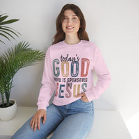 Today's Good Mood Sponsored By Jesus, Christian, Faith – Gildan Heavy Blend | Trendy Women’s Soft Sweatshirt. Direct to Garment. Printed & Shipped in the USA. Unisex Sizes.