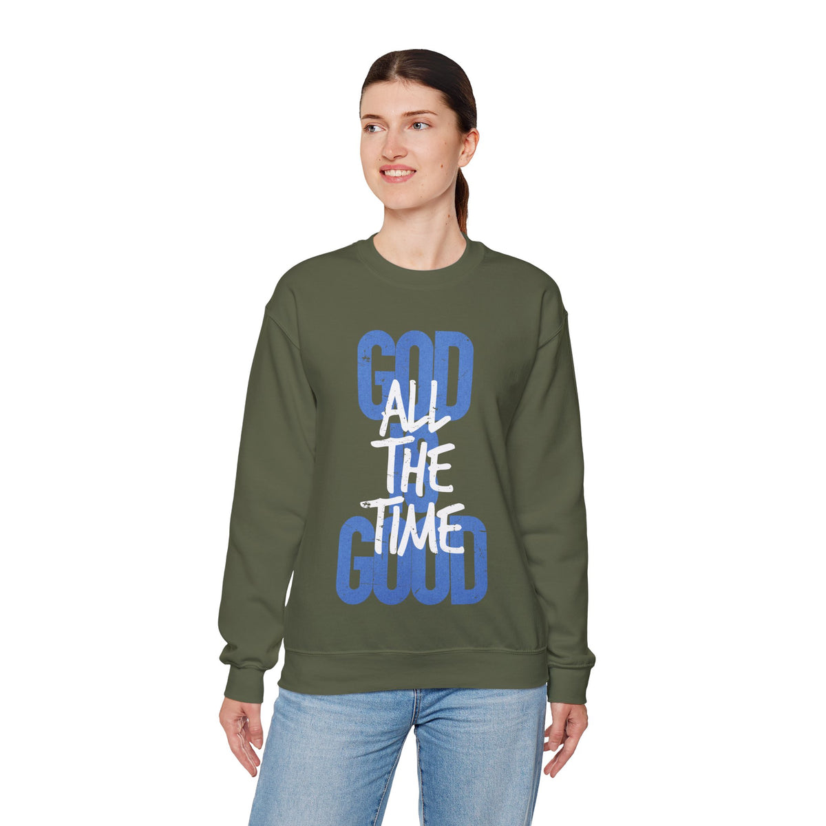 God is Good All The Time – Gildan Heavy Blend | Trendy Women’s and Women's Soft Sweatshirt. Direct to Garment. Printed & Shipped in the USA. Unisex Sizes.
