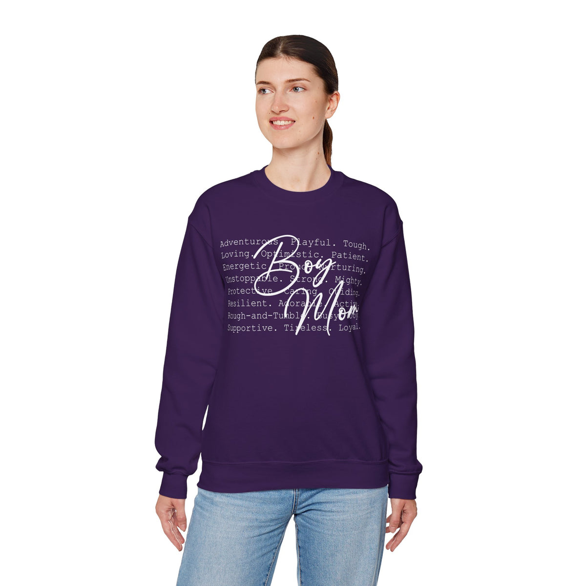 Boy Mom Typography – Gildan Heavy Blend | Trendy Women’s Soft Sweatshirt. Direct to Garment. Printed & Shipped in the USA. Unisex Sizes.