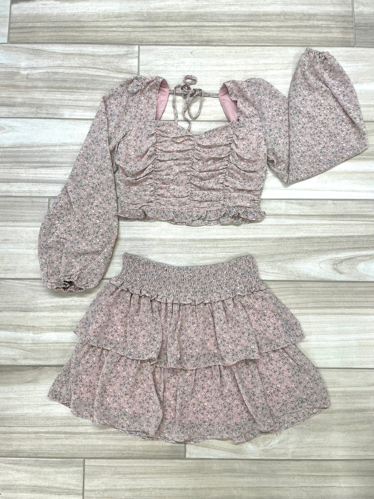 Pink Floral Smocked Waist Tiered Skirt