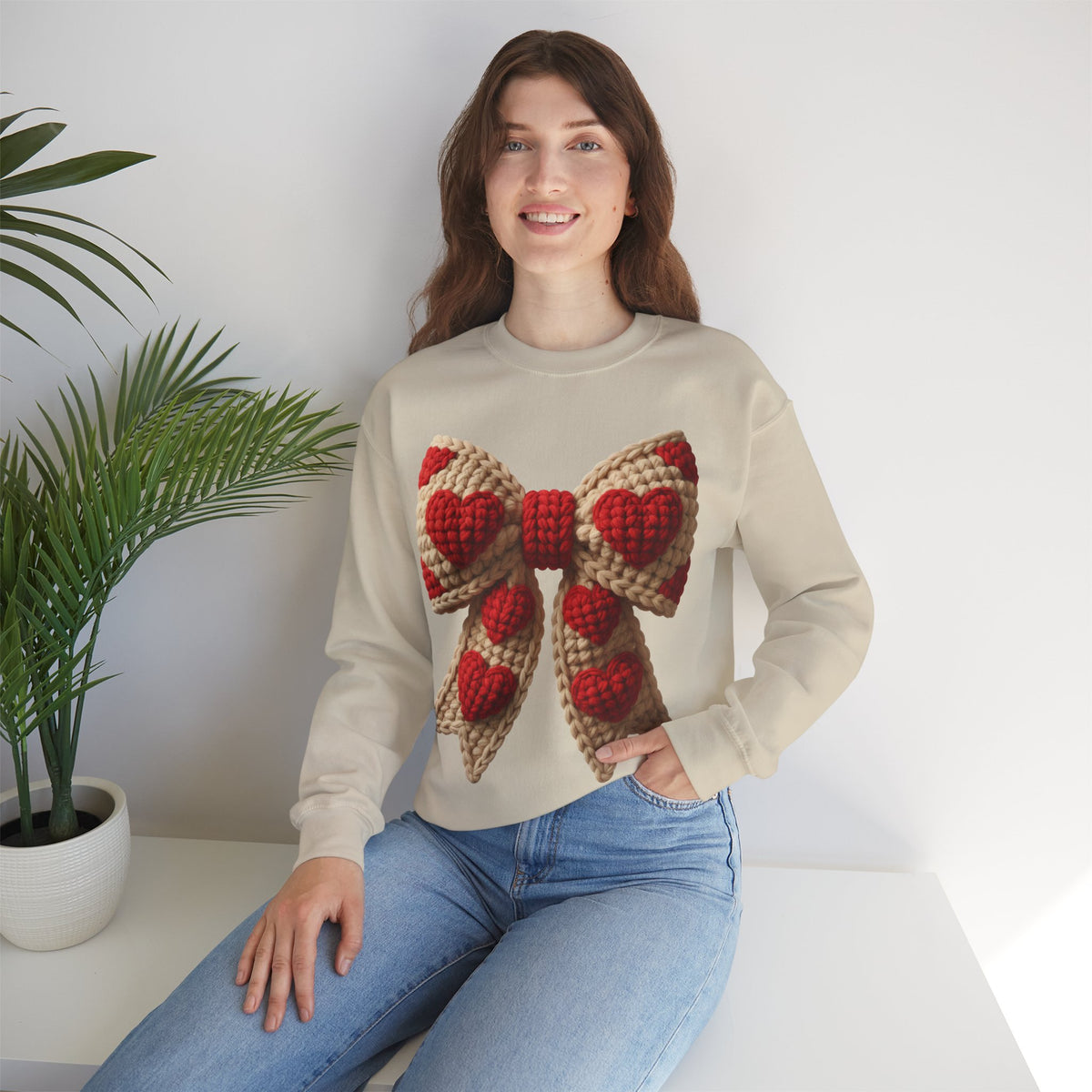 Faux Crochet Valentine Bow – Gildan Heavy Blend | Trendy Women’s Soft Sweatshirt. Direct to Garment. Printed & Shipped in the USA. Unisex Sizes.