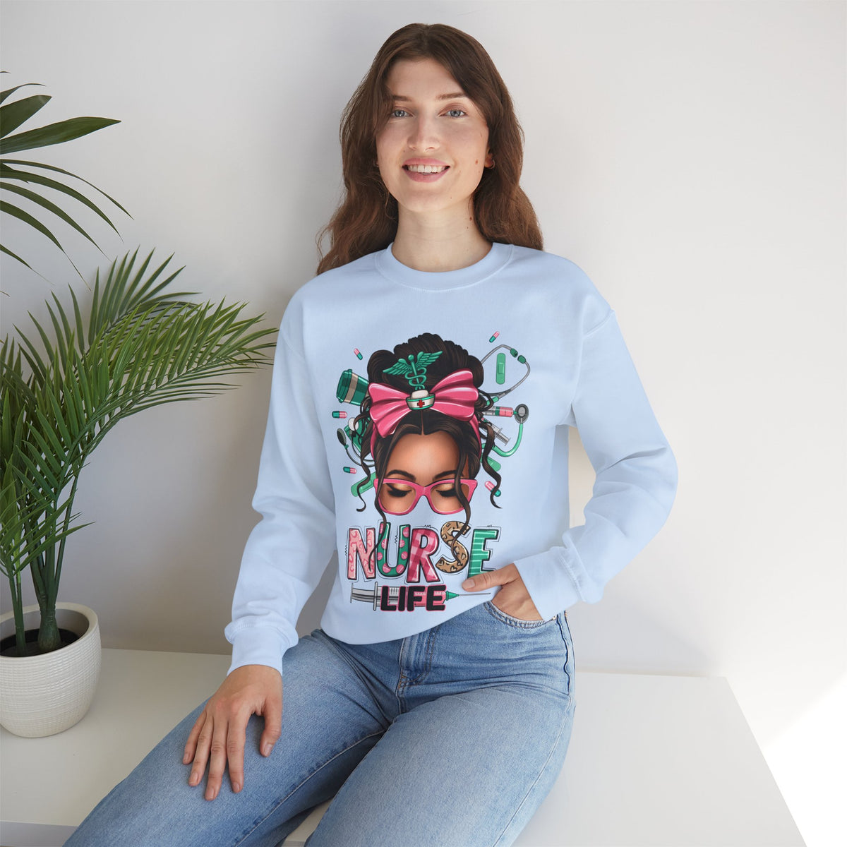 Nurse Life Messy Bun, Cute Stethoscope & Syringe – Gildan Heavy Blend | Trendy Women’s Soft Sweatshirt. Direct to Garment. Printed & Shipped in the USA. Unisex Sizes.