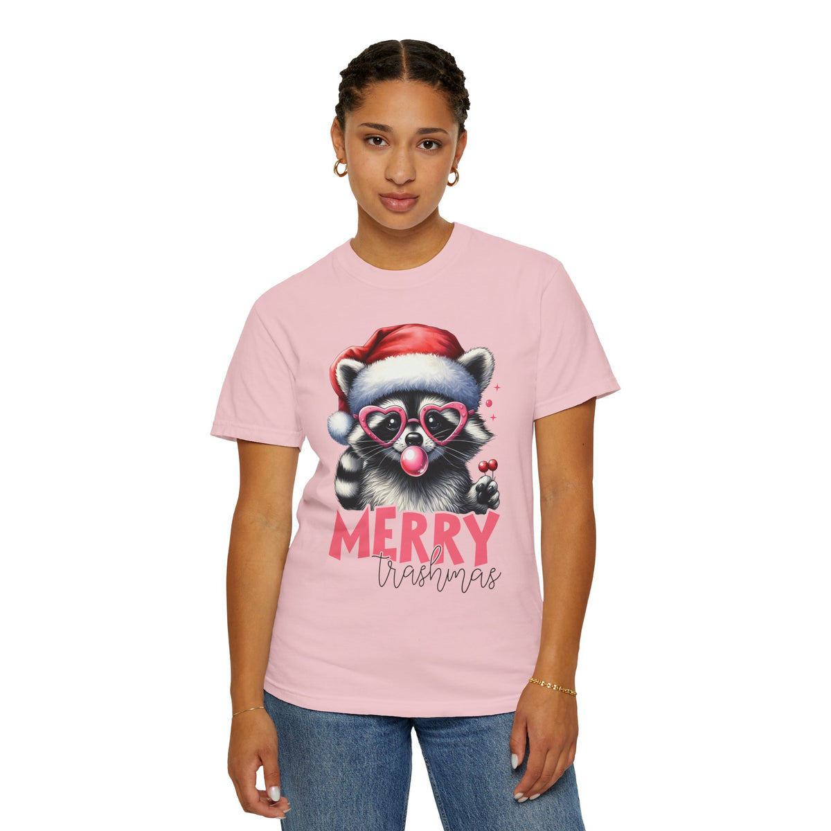 Merry Trashmas Bubblegum Raccoon w/Santa Hat Christmas - Comfort Colors | Trendy Women's T-Shirt. Direct to Garment. Printed & Shipped in the USA. Unisex Sizes.