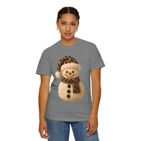 Cute Leopard Faux Knit Snowman Winter - Comfort Colors | Trendy Women's T-Shirt. Direct to Garment. Printed & Shipped in the USA. Unisex Sizes.