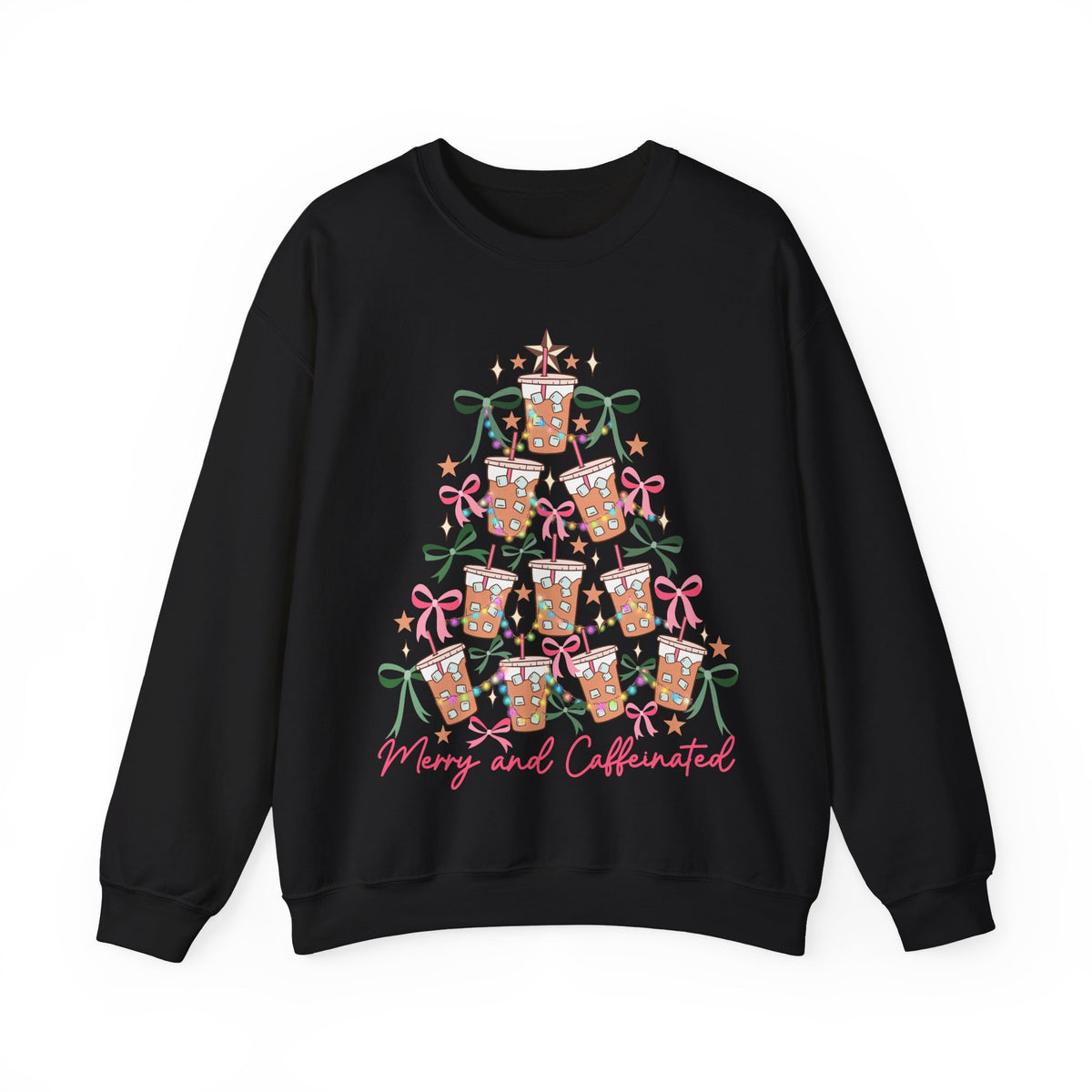 Merry and Caffeinated Iced Coffee Christmas Tree – Gildan Heavy Blend | Trendy Women’s Soft Sweatshirt. Direct to Garment. Printed & Shipped in the USA. Unisex Sizes.