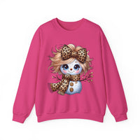 Snowgirl Cute Leopard Bow Snowman, Winter Cozy – Gildan Heavy Blend | Trendy Women’s Soft Sweatshirt. Direct to Garment. Printed & Shipped in the USA. Unisex Sizes.