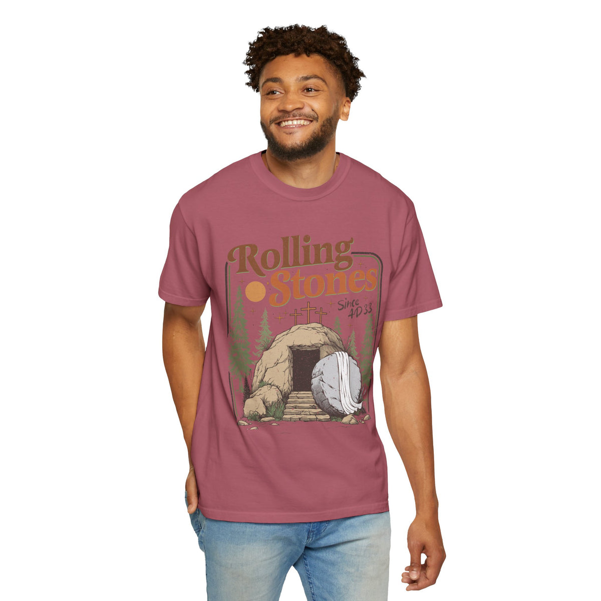 Rolling Stones "Since AD 33" Easter Empty Tomb Christian - Comfort Colors | Trendy Men's and Women's T-Shirt. Direct to Garment. Printed & Shipped in the USA. Unisex Sizes.