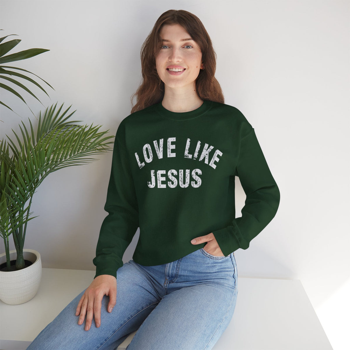 Love Like Jesus - Distressed – Gildan Heavy Blend | Trendy Men's and Women’s Soft Sweatshirt. Direct to Garment. Printed & Shipped in the USA. Unisex Sizes.